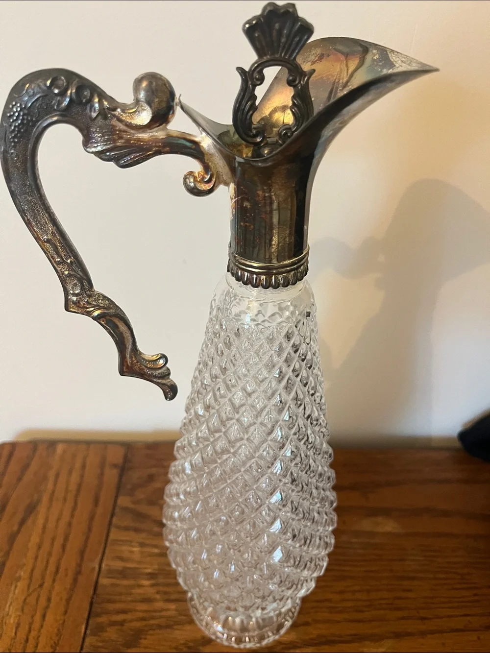 Vintage cut glass and silver wine decanter with 6 glasses